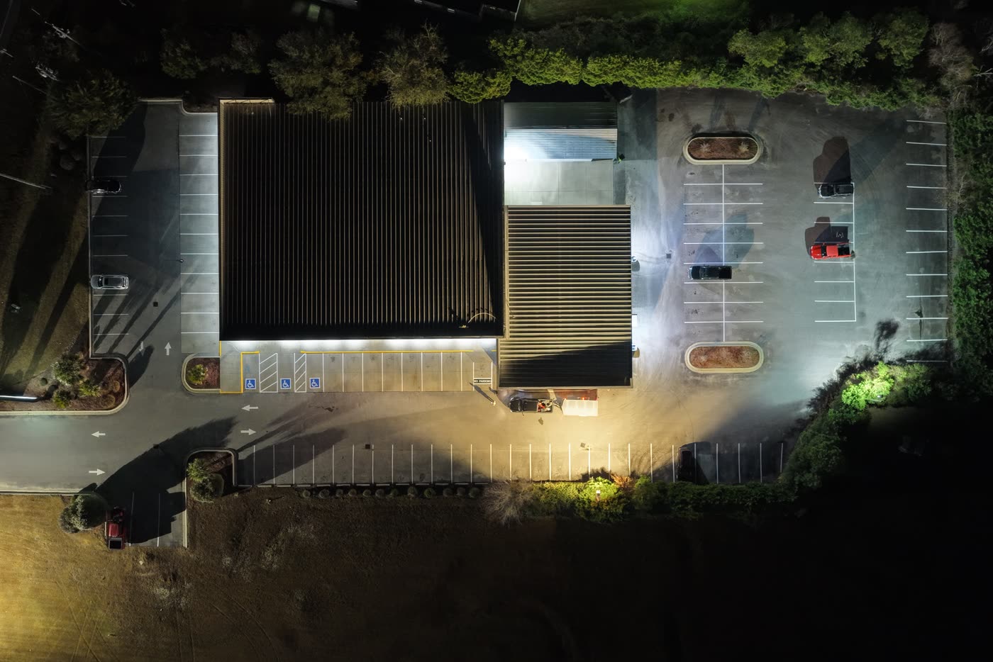 Drone view from above of a lot we striped at night
