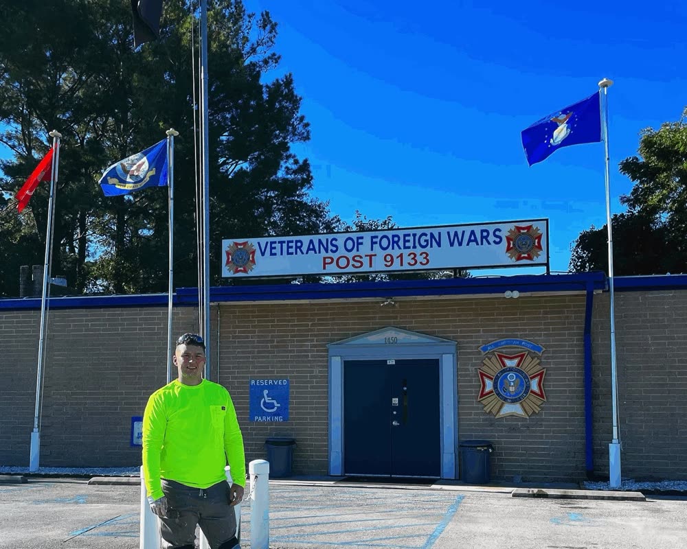 Billy outside a Veterans of Foreign Wars post