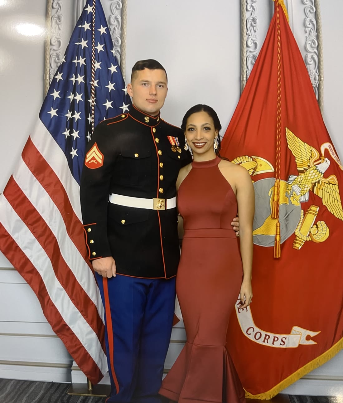 Sergeant Billy Ammons in Marine Corps dress blues with his wife